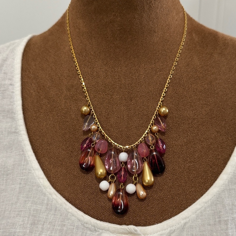 Cluster Necklace in Gold Tone with Dangling Pink, Purple, White and Gold Beads